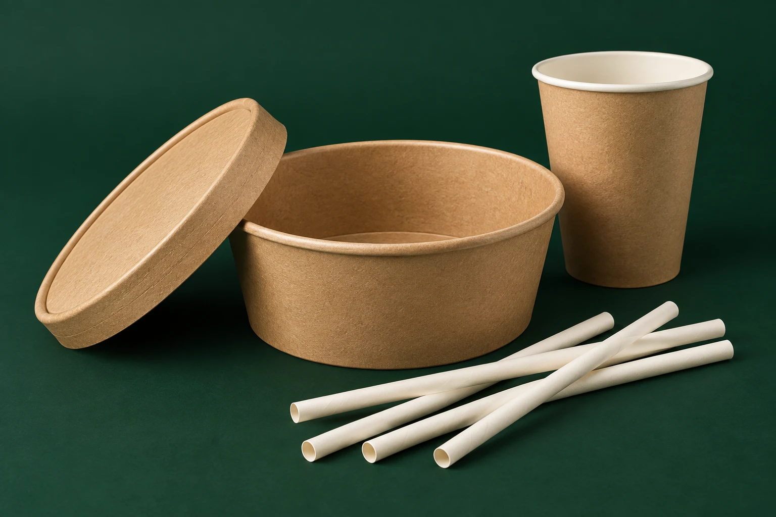 Illustrative arrangement of kraft bowl, paper lid, cup and paper straws